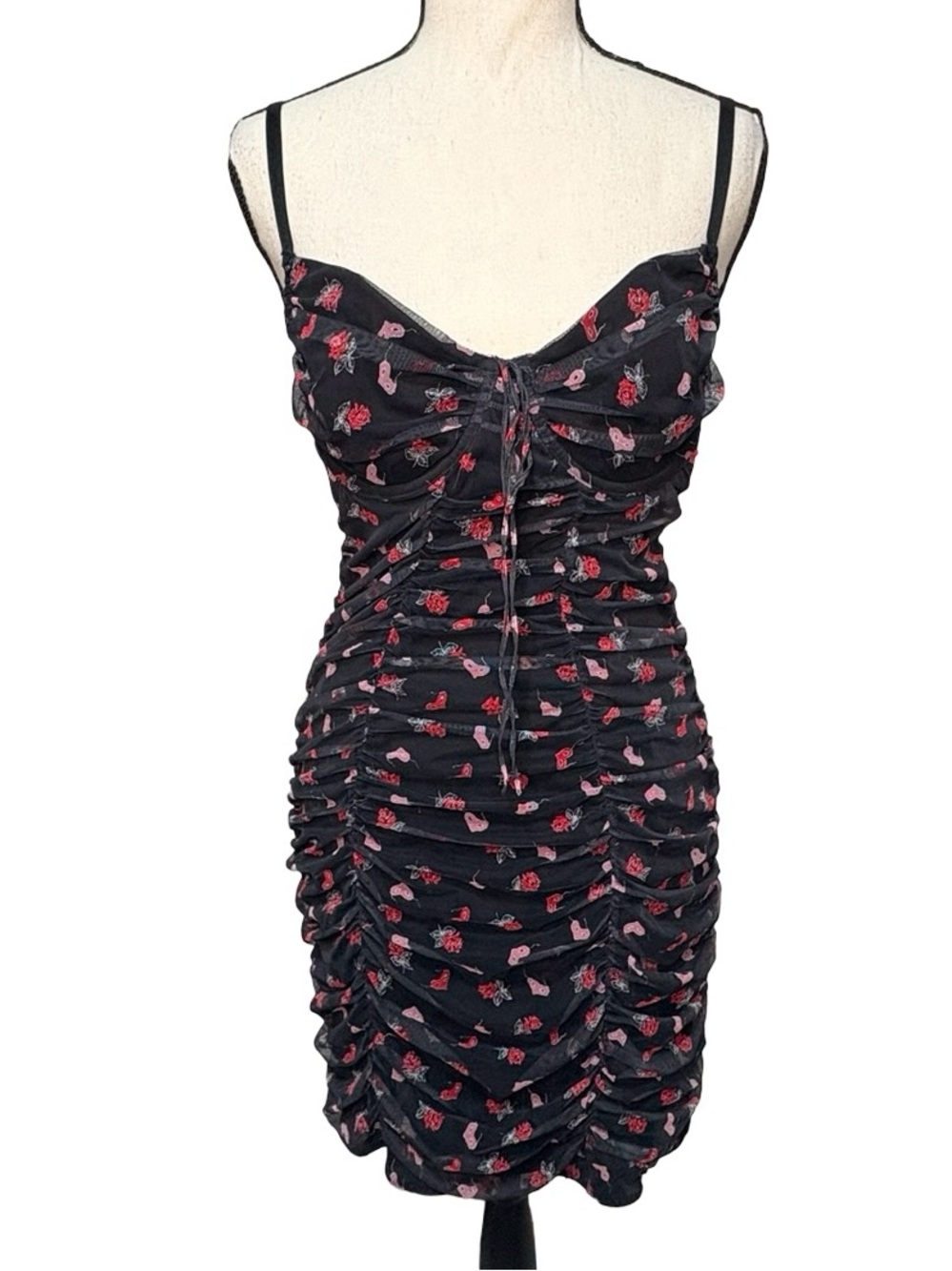Victoria's Secret Y2K Ruched Mesh Rose & Heart Mini Dress L